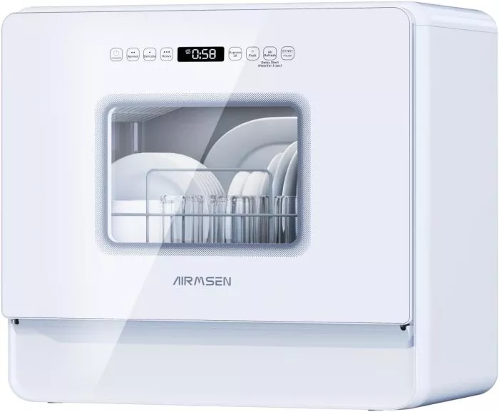 AIRMSEN Countertop Dishwasher Complete 2-Level Rack, Portable Dishwashers with 5L Built-in Water Tank, 3-Spray Arms & 12H Delay Start, No Hookup Needed, A01, White