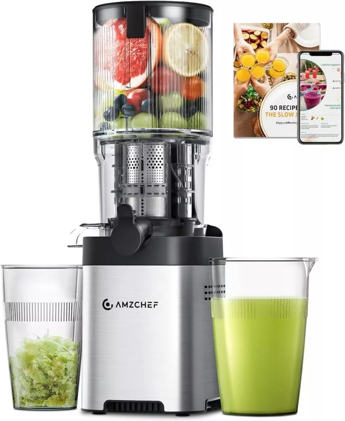 AMZCHEF Cold Press Juicer, Juicer Machines – 5.2 Large Feed Chute for Whole Fruits & Vegetables, Stainless Steel Slow Masticating Juicer Easy to Clean, Large Auger, Double Strainers, Silver