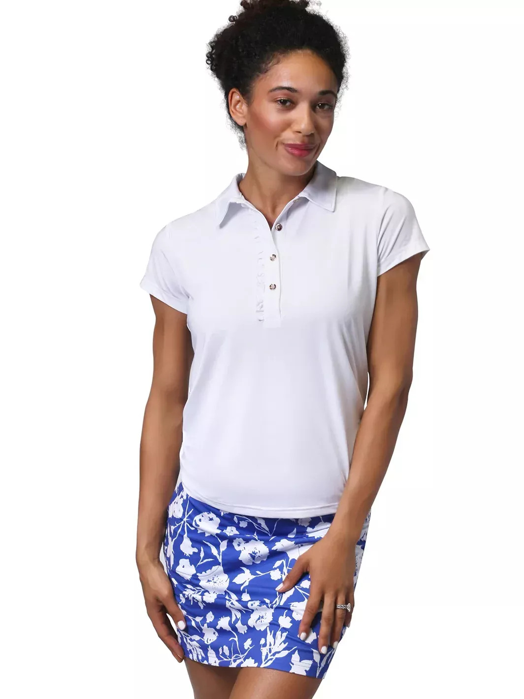 Ana Clare Lizzie Short Sleeve Ruffled Placket Solid Polo- Aqua, Pink, Periwinkle, White, Hot Pink