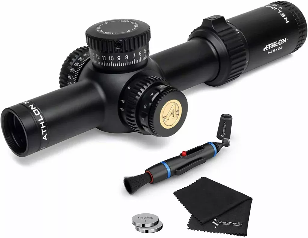 Athlon Optics Helos BTR 1-4.5×24, Direct Dial, 30mm, SFP, ATSR3 IR MOA Reticle Riflescope with Included Extra Battery CR2032 Lens Cleaning Pen and Lens Cleaning Cloth Bundle