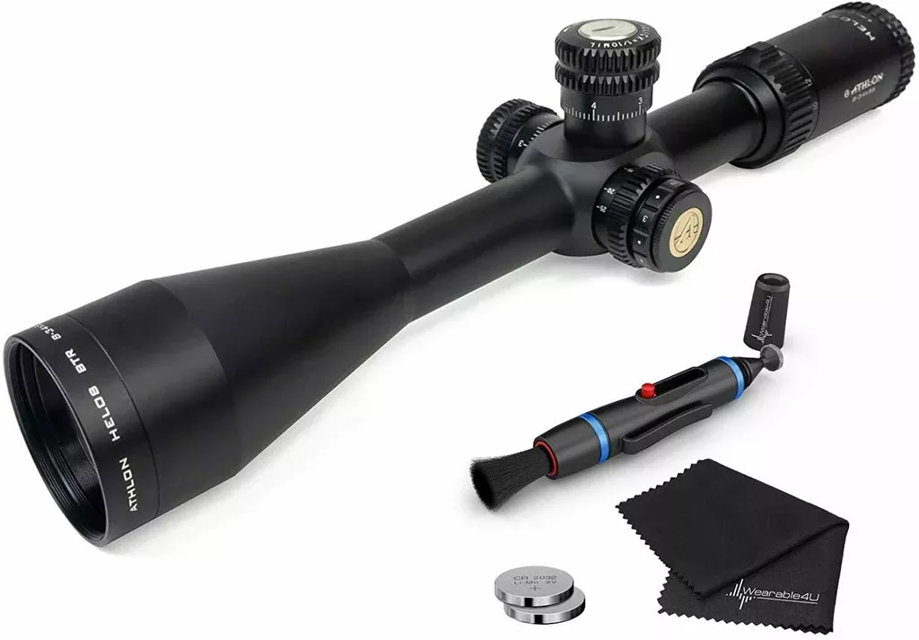 Athlon Optics Helos BTR 8-34×56, Direct Dial, Side Focus, 30mm, FFP, APLR2 IR MOA Reticle Riflescope with included Extra Battery CR2032 and Wearable4U Lens Cleaning Pen and Lens Cleaning Cloth Bundle
