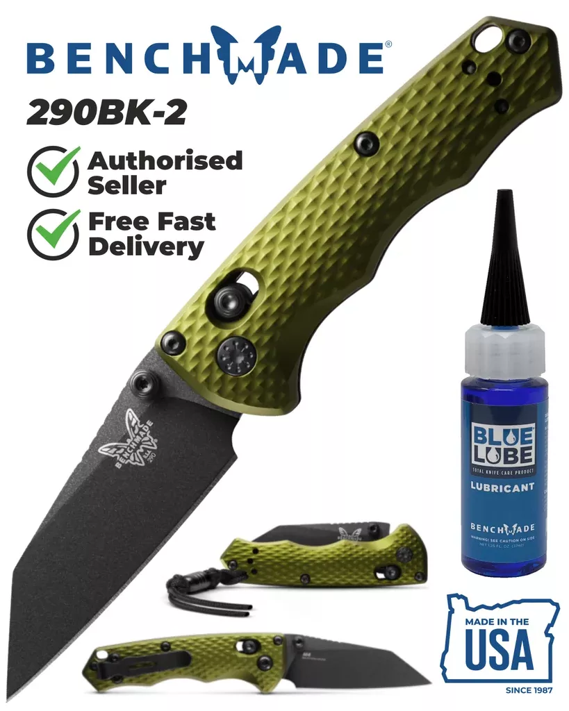 Benchmade 290BK-2 Full Immunity Black CPM-M4 Woodland Green Handle 2.49” Plain Edge Pocket Knife with Benchmade Blue Lube Lubricant for knives 37ml 1.25fl oz (Made in USA)