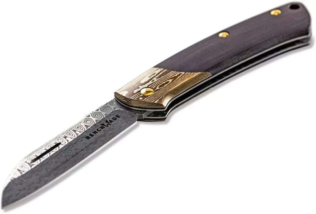 Benchmade 319-201 Proper Gold Class, 2.82″ Damasteel, Mokume Bolster, Burgundy/Black Linen Micarta Handle Knife