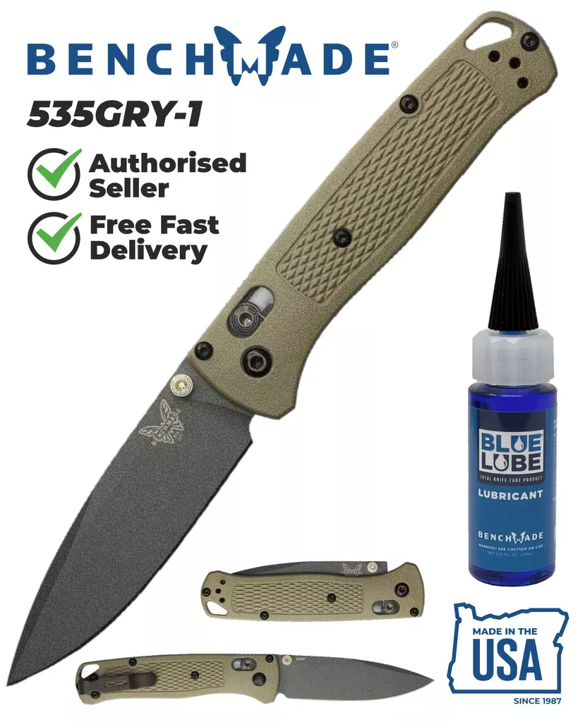 Benchmade 535GRY-1 Bugout 3.24″ Gray Cerakote S30V Ranger Green Folding Knife with Benchmade Blue Lube Lubricant for knives 37ml 1.25fl oz (Made in USA)