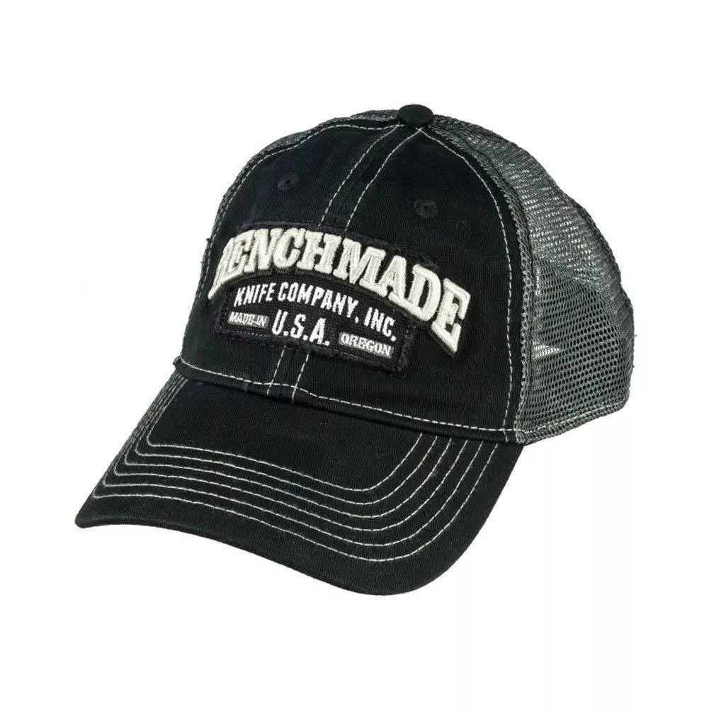 Benchmade Mesh Black Trucker “Solid Steel” Hat with White Logo Label on Front and Plastic Snap Closure on Back (50014)