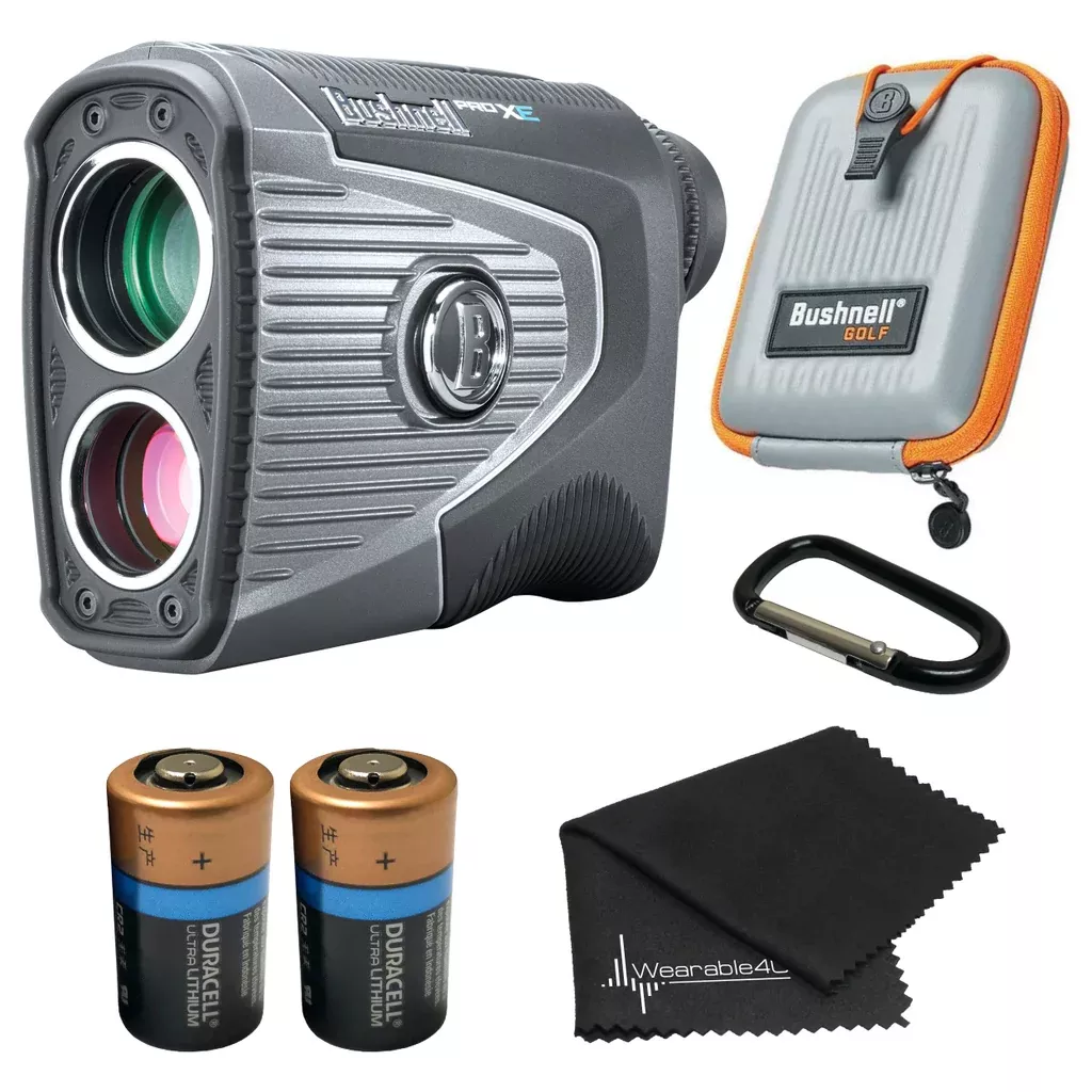 Bushnell PRO XE Advanced Laser Golf Rangefinder with Included Carrying Case, Carabiner, Lens Cloth, and Selected Wearable4U Golf Tool Bundle
