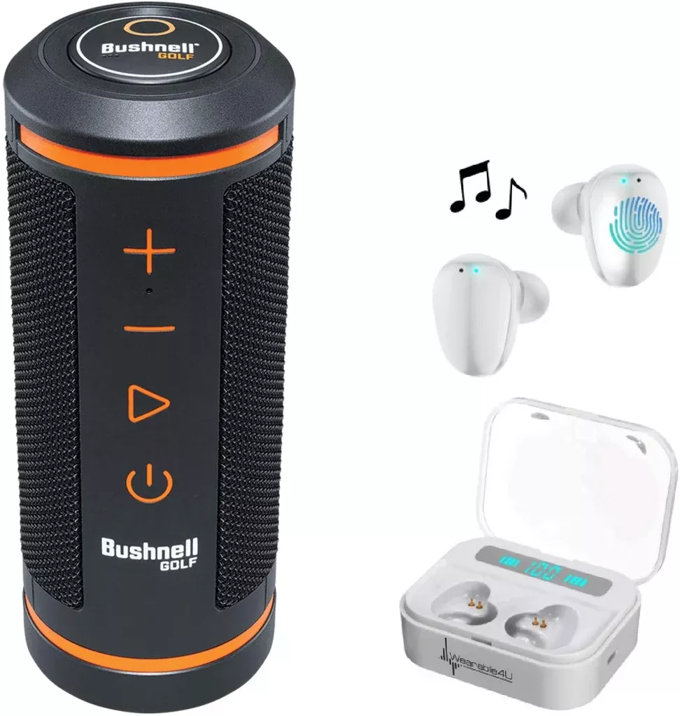Bushnell Wingman GPS Bluetooth Speaker with Included Wearable4U Ultimate White EarBuds with Power Bank Case and Wall/Car Chargers Bundle