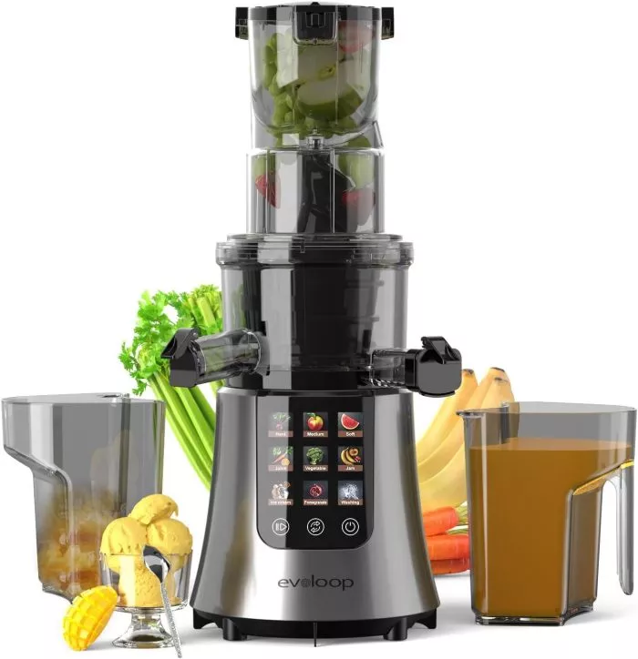 Cold Press Juicer Machines, 2-in-1 Masticating Juicer for Juice & Ice Cream, 200W Touchscreen Slow Juicer Extractor with 3.2 Feed Chute for Fruits and Vegetables, Easy to Clean with Brush
