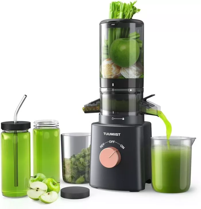 Cold Press Juicer with 8 Juice Bottles – Masticating Juicer Machines for Fruits and Veggies, 4.25 Large Feed Chute, Easy to Clean
