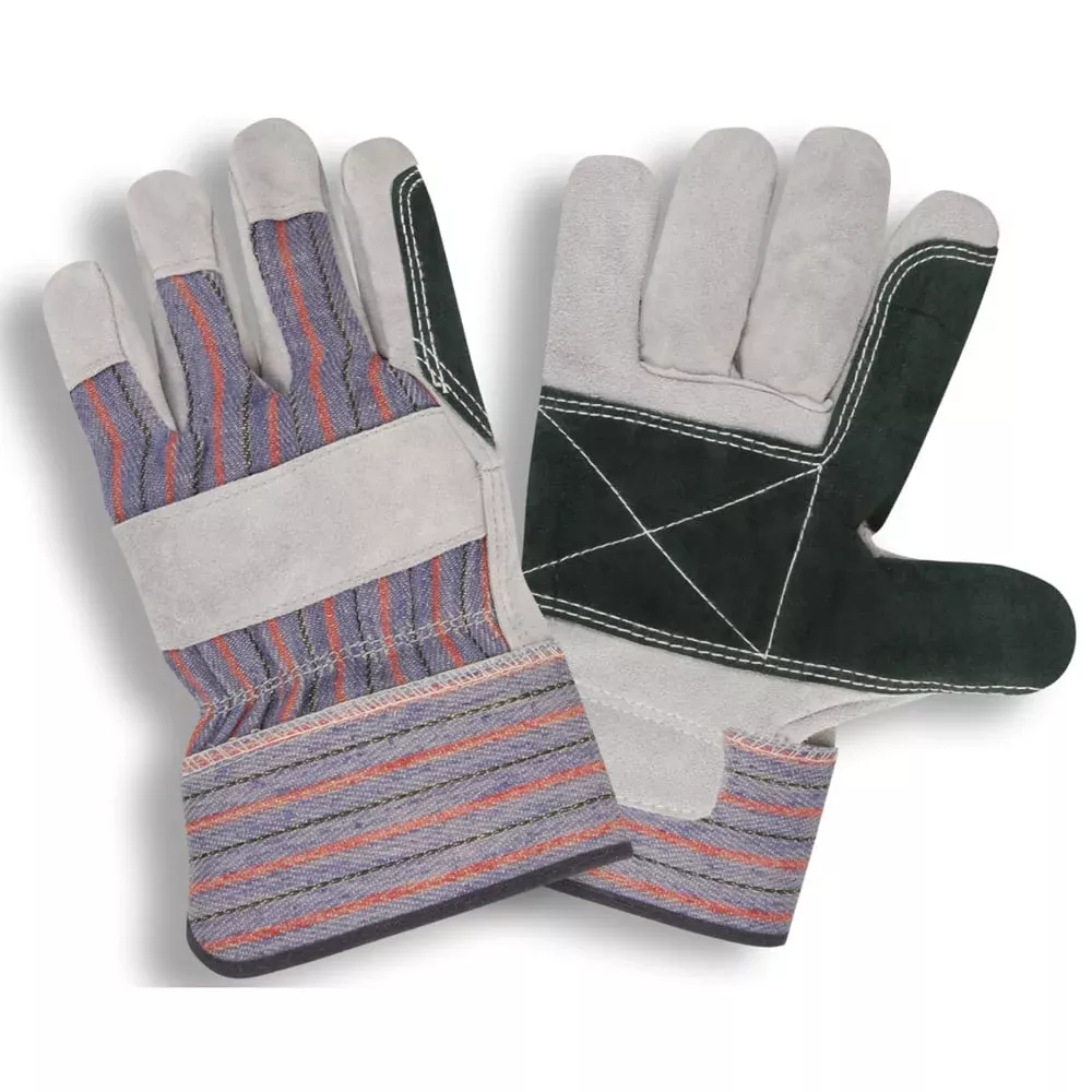 Cordova Split Cowhide Double Palm Glove/Striped Fabric Back + 2.5 Cuff, 1 dozen (12 pairs)