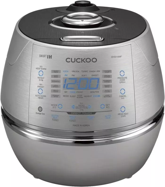 CUCKOO Electric Induction Heating Rice Pressure Cooker 10 Cup Full Stainless Steel Interior with Non-Stick Coating-3-Language Voice Navigation and LED Screen with Touch Selection Menu, (Grey)