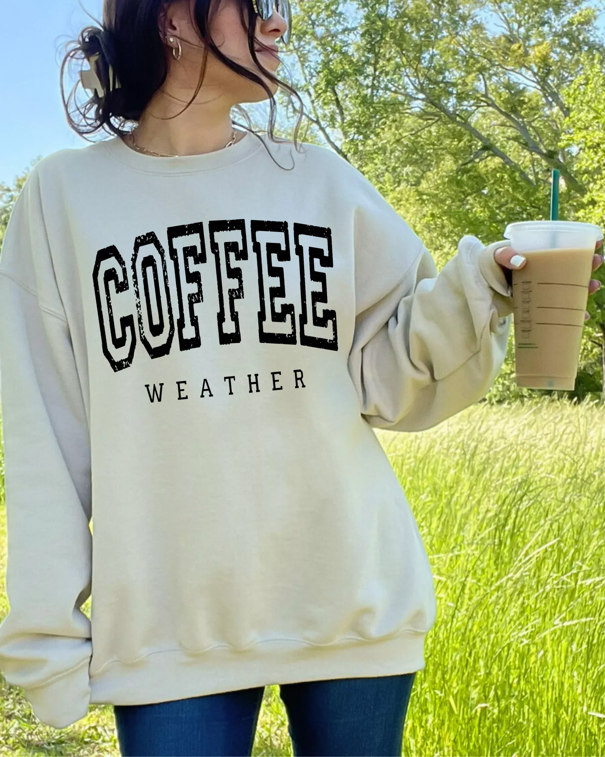Distressed Coffee Weather Crewneck Sweatshirt