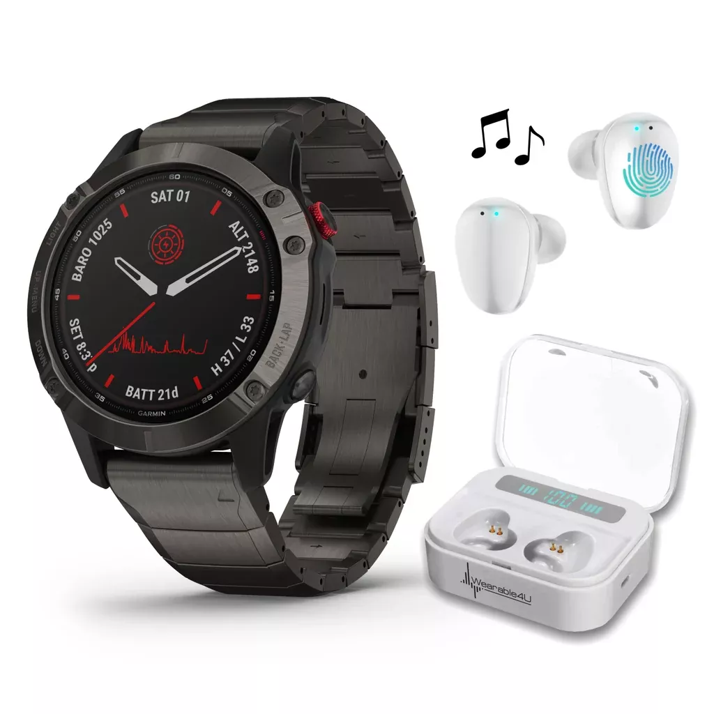 Garmin Fenix 6 Pro Solar Premium Multisport GPS Watches with Wearable4U Bundle (Earbuds or Power Pack)