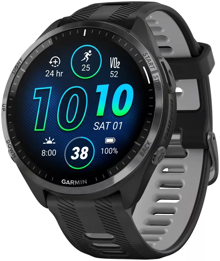 Garmin Forerunner 965 GPS Smartwatch – 47mm Carbon Gray DLC Titanium Bezel BLK Case BLK/Powder Gray Silicone Band