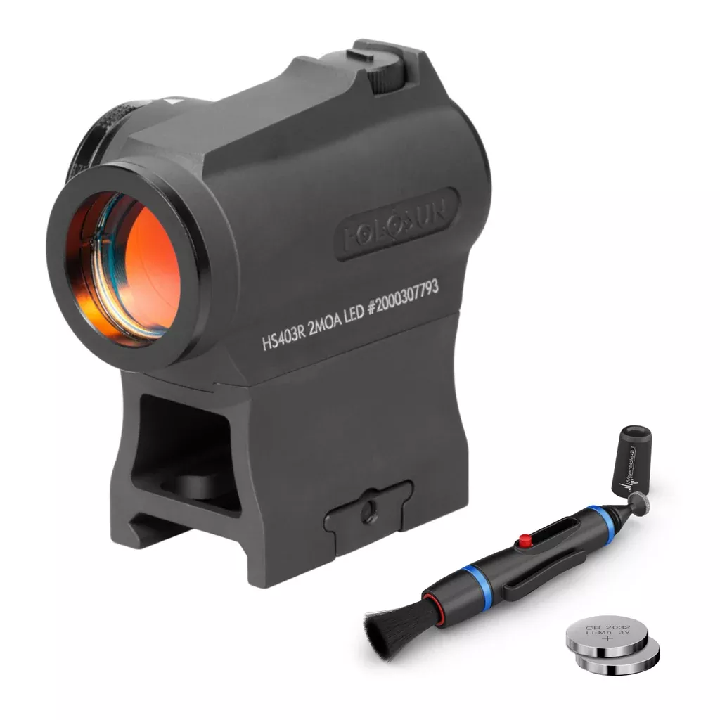 HOLOSUN HS403R Micro Reflex Sight, Black, 2 MOA Red Dot, 10DL & 2NV Brightness Settings, Rotary Switch, Multi-Layer Coating, Waterproof IP67, w/Lower 1/3 Height Mount & Low Base, with Wearable4U Extra CR2032 (100,000 hrs) and Cleaning Pen Bundle