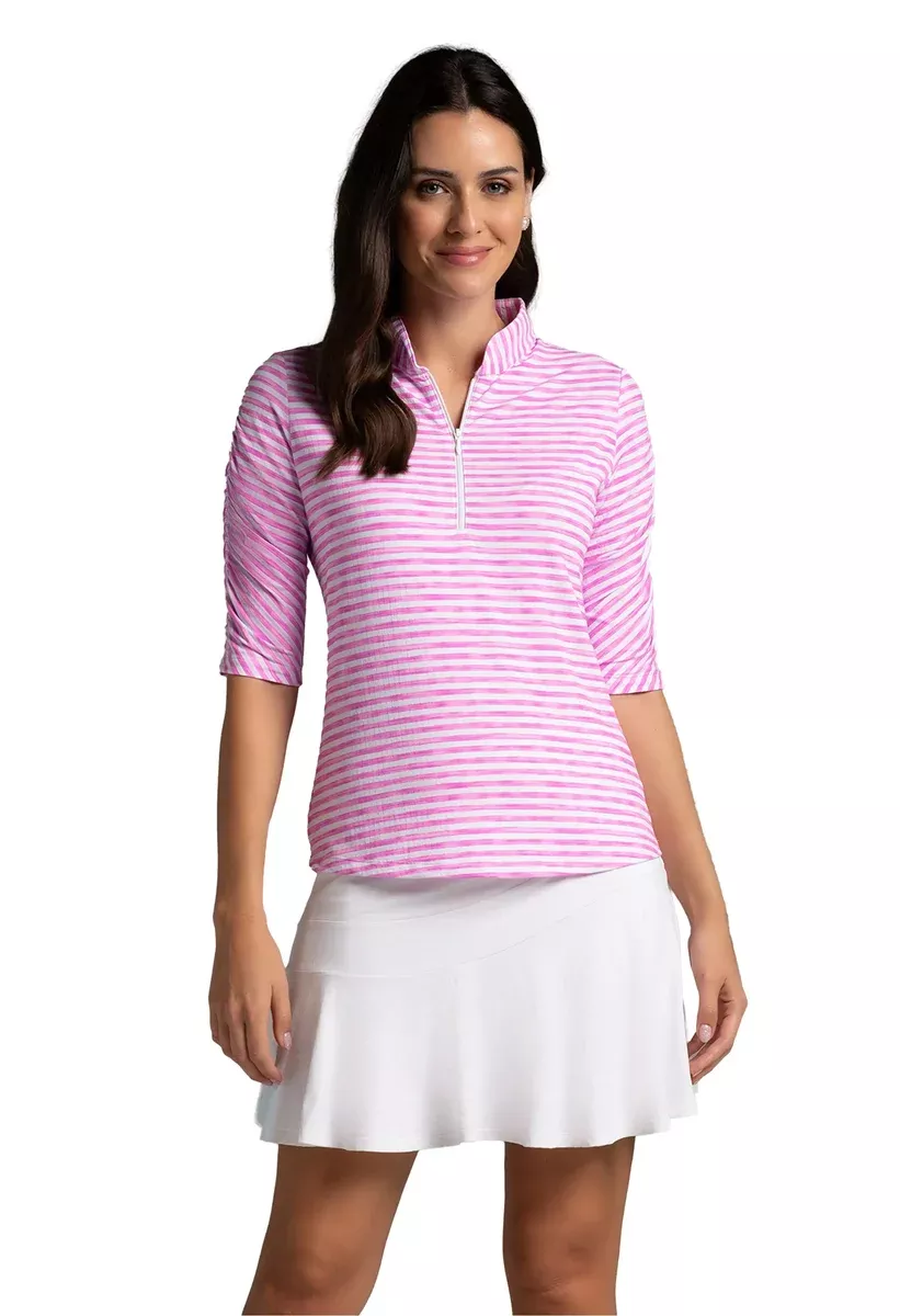 IBKUL- Landon Stripe Ruched Elbow Sleeve Light Pink/White Top (Style#: 41164)