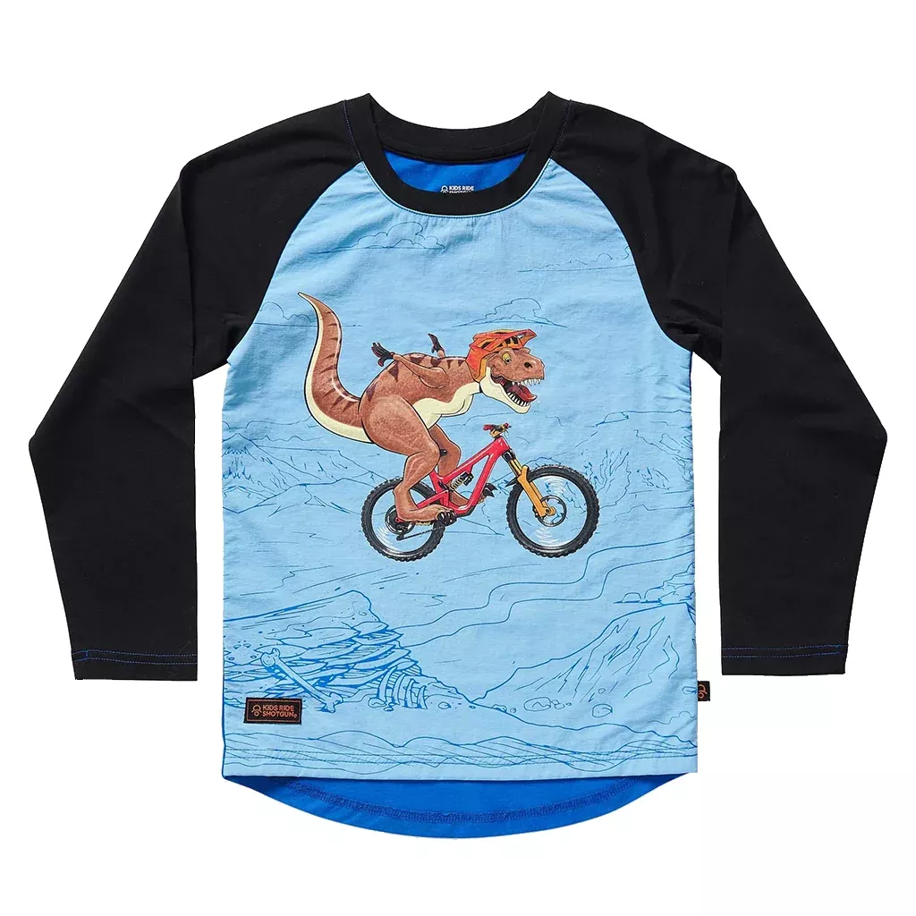 Kids Ride Shotgun Windproof Kids MTB Jersey Dino YS Black & Blue