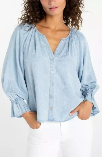 Liverpool 3/4 Sleeve Button Front Shirred Woven Top