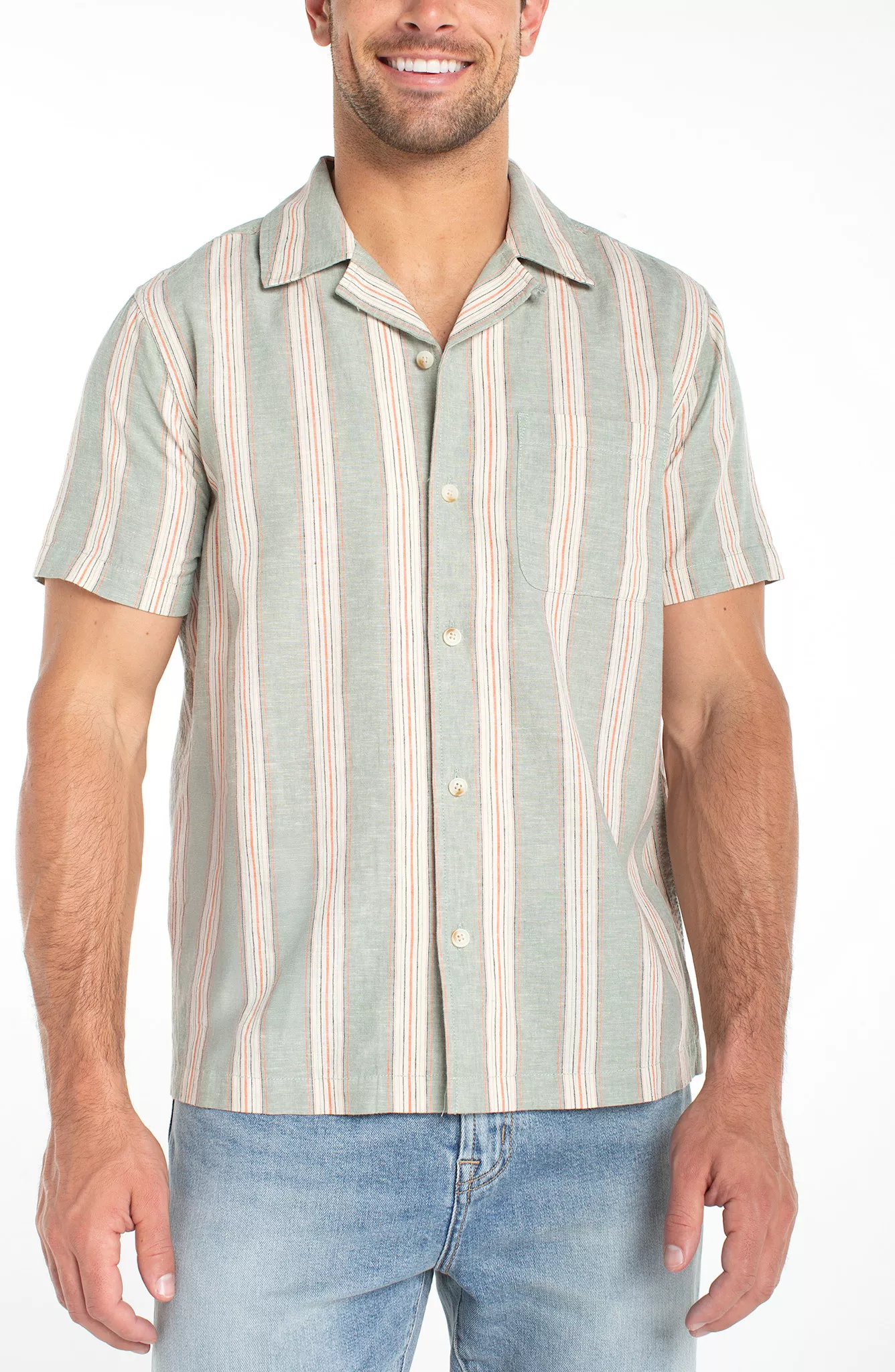 Liverpool Button Up Camp Shirt Short Sleeve Sage Clay Stripe
