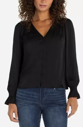 Liverpool Long Sleeve Button Front Woven Top with Smocking