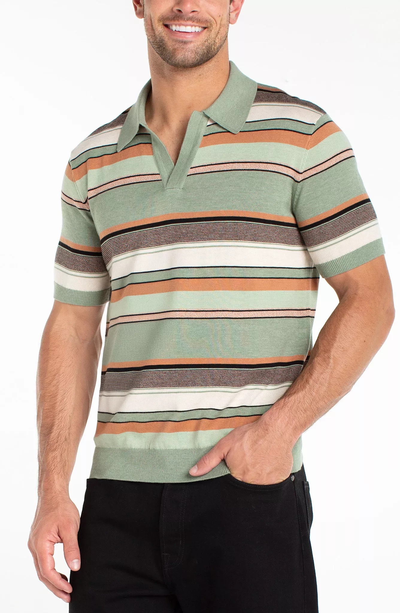 Liverpool Men's Short Sleeve Johnny Collar Knit Sweater Sage Multi