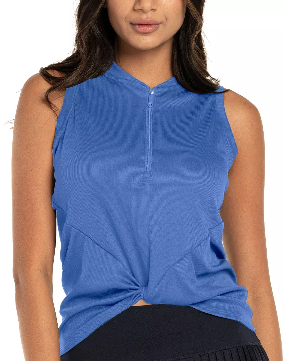 Lucky in Love Twist It Up Zip Sleeveless Shirt- Blue Marine