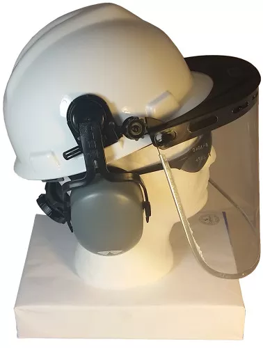 MSA V-Gard Cap Style hard hat with Clear Aluminum Bound Edges Faceshield, Hard Hat Attachment, and Earmuff - White