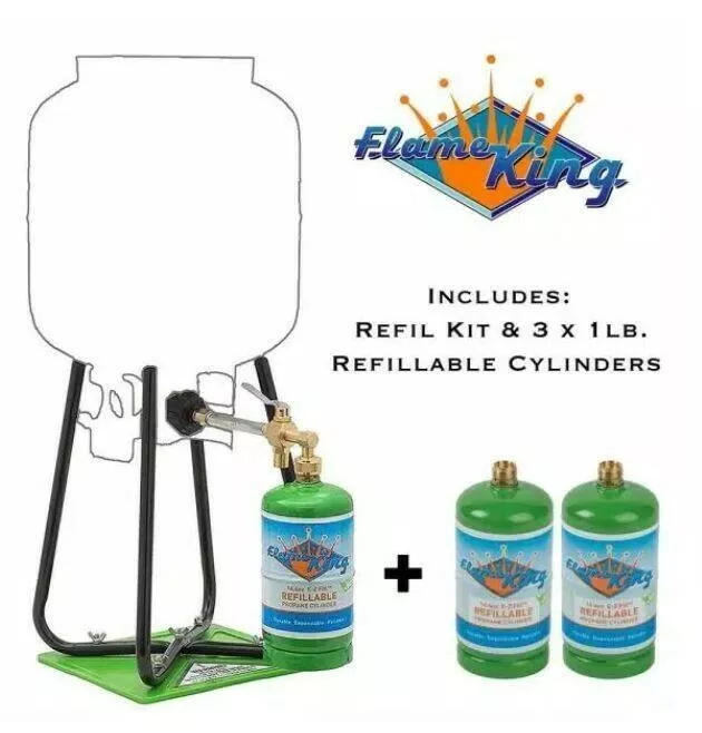 (NEW) Flame King Propane Refill Kit PLUS 2 ADDITIONAL EMPTY CYLINDERS
