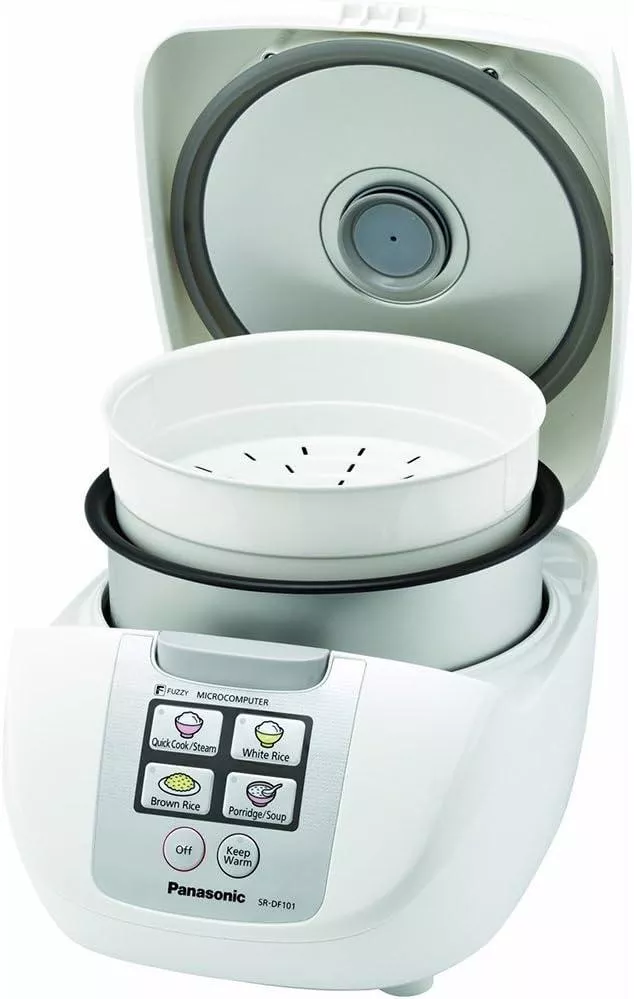 Panasonic 5 Cup (Uncooked) Rice Cooker with Fuzzy Logic and One-Touch Cooking for Brown Rice, White Rice, and Porridge or Soup – 1.0 Liter – SR-DF101 (White)