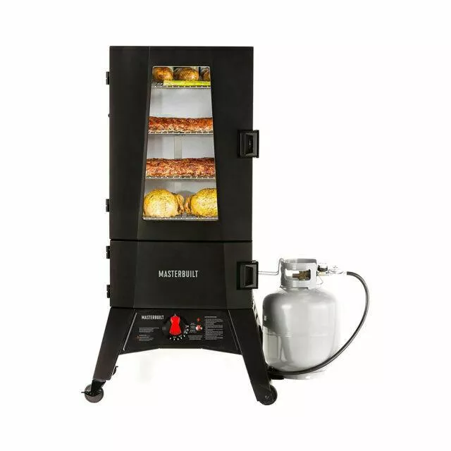 Propane Smoker,Thermostat Control, 40 Inch, chrome-coated Smoking Racks, Black.