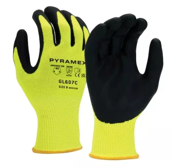 Pyramex Hi-Vis Nitrile Coated ANSI Cut Level A4 Safety Gloves – GL607C