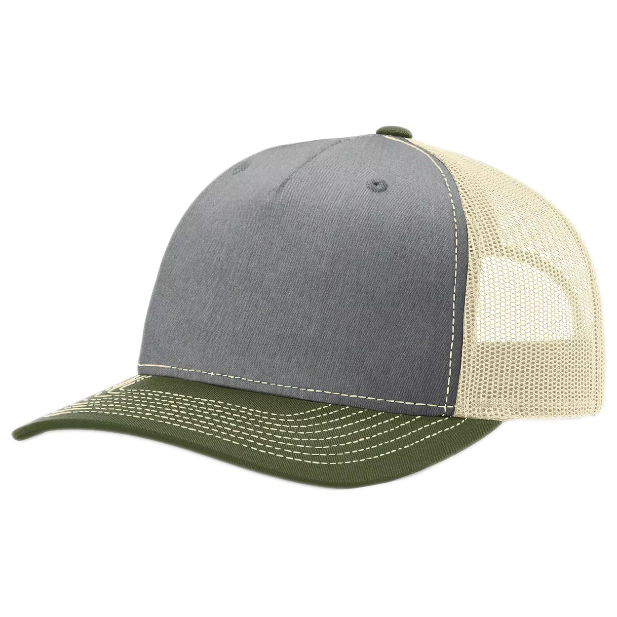 Richardson 112FP Five-Panel Trucker Cap - Heather Grey/Birch/Army Olive