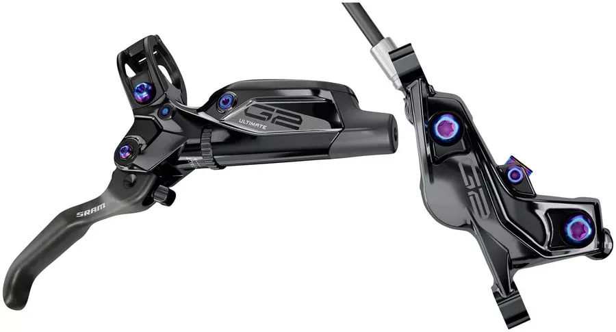 SRAM G2 Ultimate Disc Brake Lever – Front Post Mount Carbon Lever Titanium Hardware Gloss BLK Rainbow Hardware A2