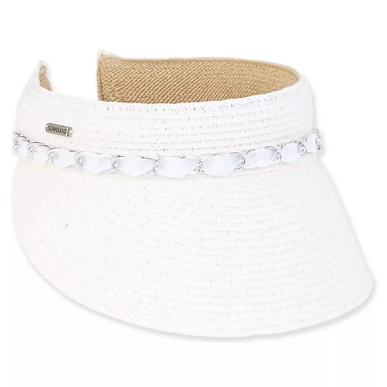 Sun N Sand Braided 3.5″ Raffia Brim Clip On Visor with Chain Trim-White