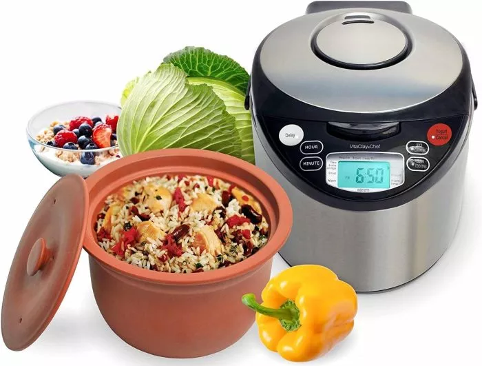 VitaClay Smart Organic Clay Pot Multi Cooker – Toxin Free Clay Rice Cooker, Delay Start Slow Cooker, Stew Cooker, Electric Soup Pot, Yogurt Maker, with Natural Earthen Clay Crock, 6 Cup / 3.2-Quart