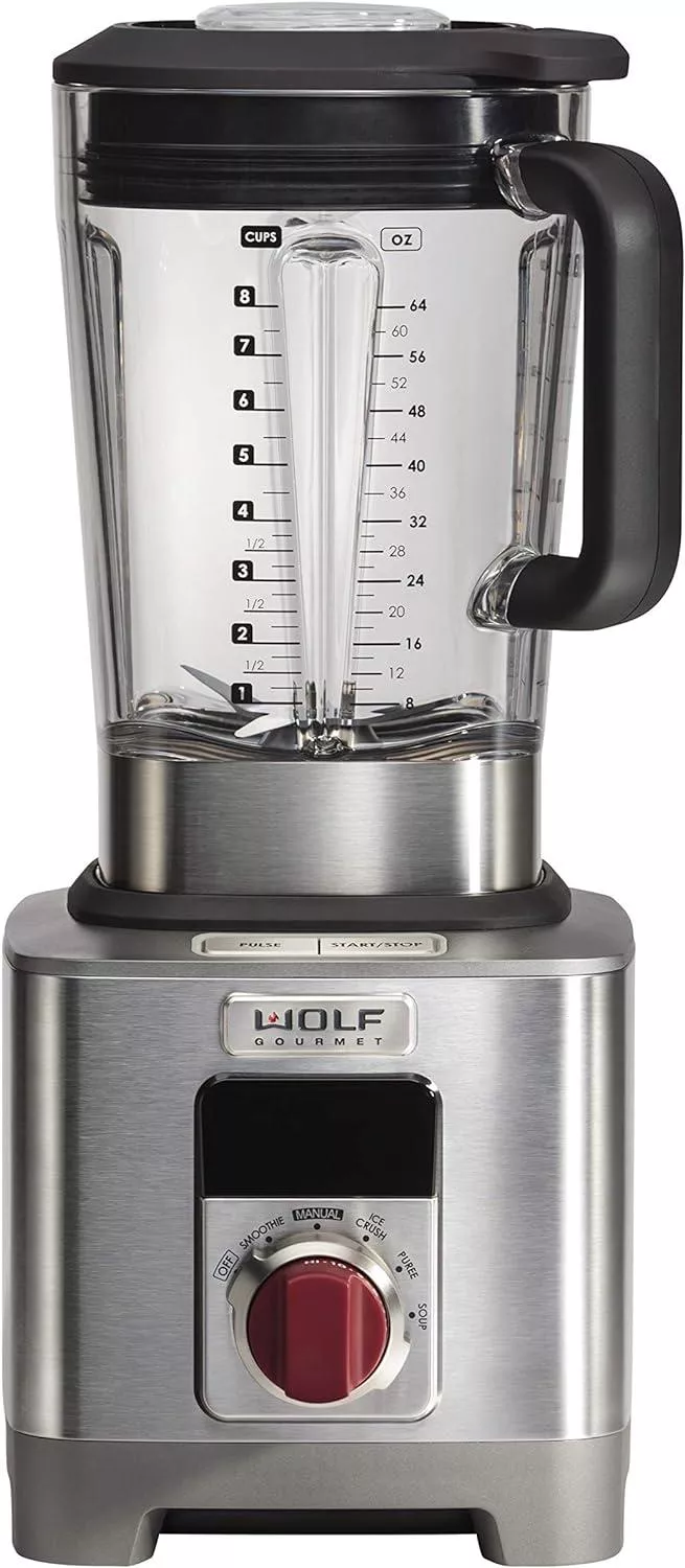 Wolf Gourmet High-Performance Blender, 64 oz Jar, 4 program settings, 12.5 AMPS, Blends Food, Shakes and Smoothies, Red Knob, Stainless Steel (WGBL100S)