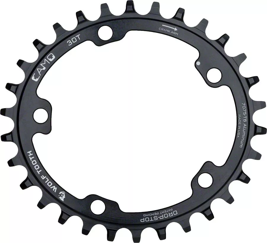 Wolf Tooth CAMO Aluminum Elliptical Chainring – 32t Wolf Tooth CAMO Mount Drop-Stop B BLK