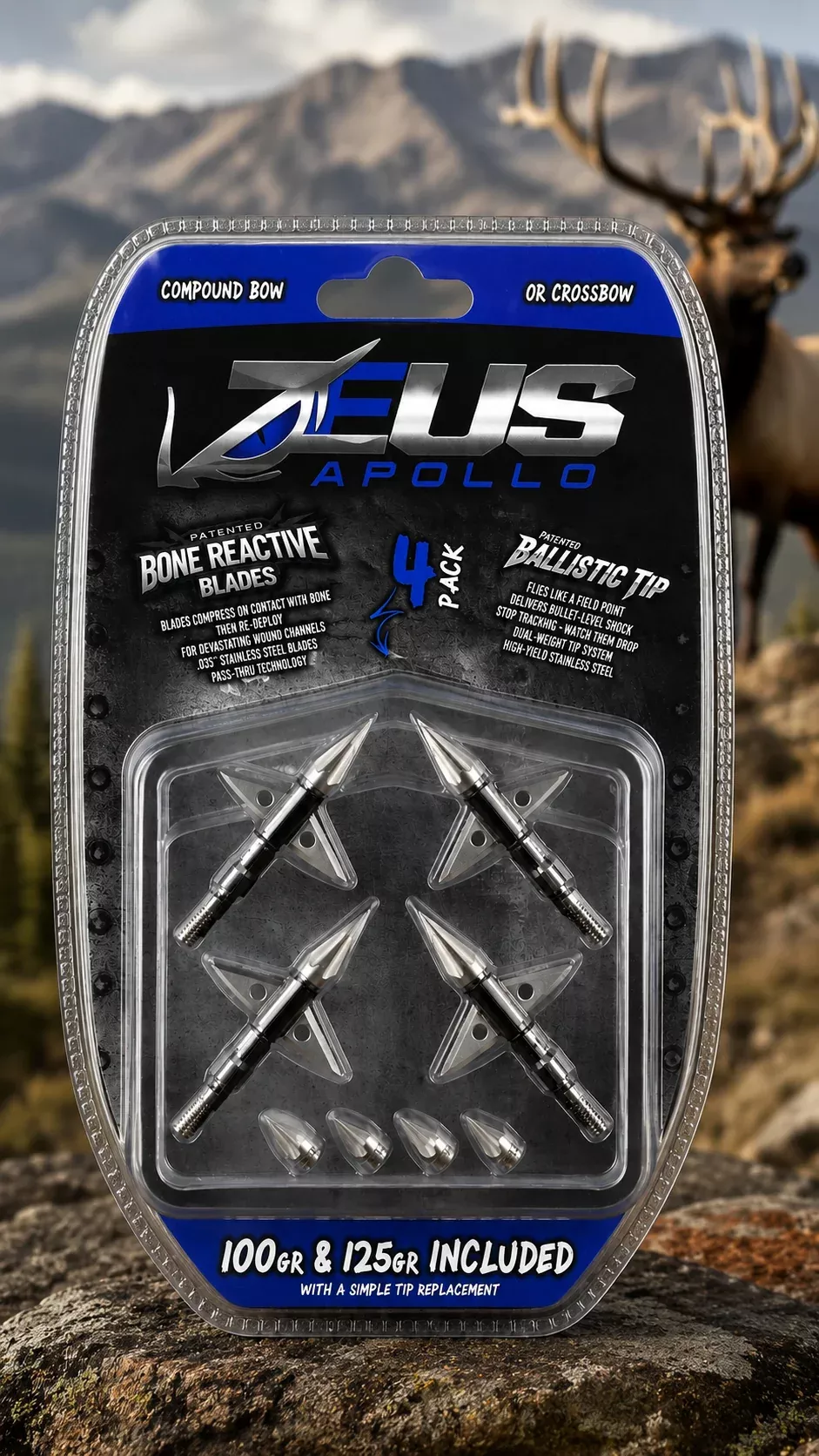 ZEUS APOLLO BROADHEADS (4 PACK)-COMES WITH BOTH 100/125 GR TIPS