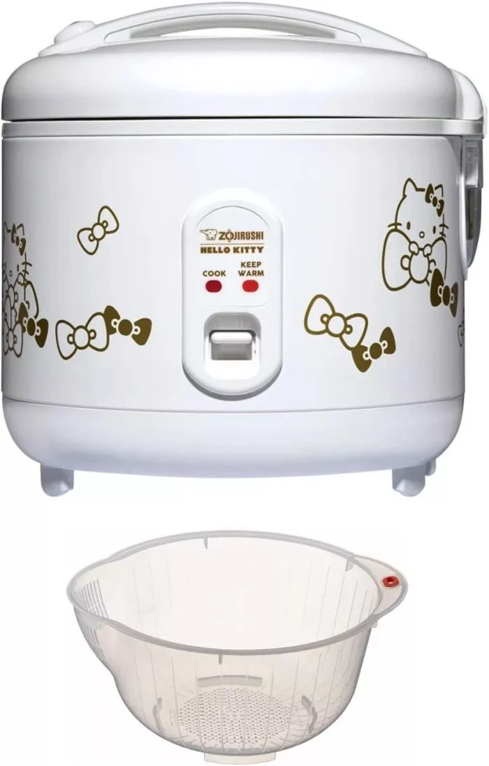 Zojirushi Hello Kitty 5.5-Cup Automatic Rice Cooker and Warmer (White) Bundle with 9.5-Inch Rice Washing Bowl with Side and Bottom Drainers (2 Items)
